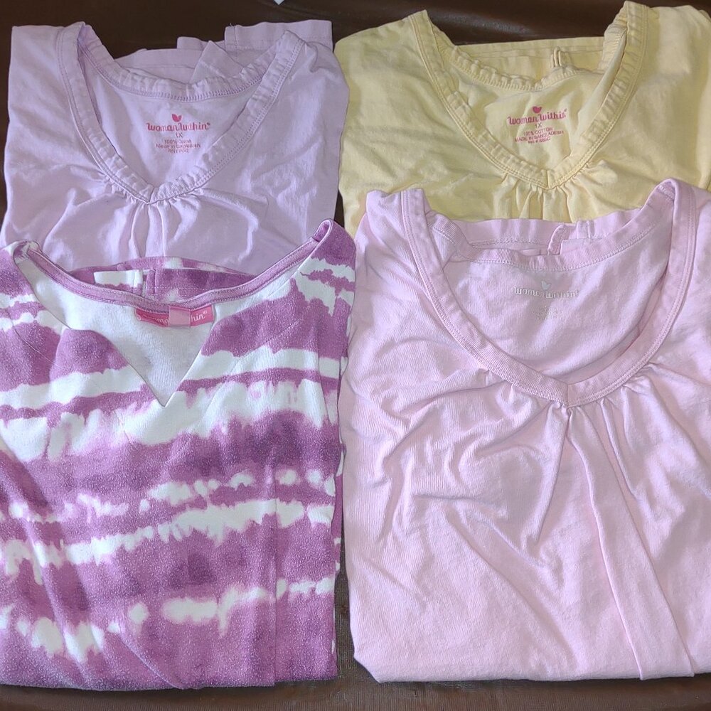 Woman Within set of 4 XL t-shirts in lavender, purple tie dye, pink and yellow